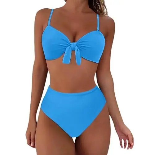 Produktbild: Dislsokrhov Damen Bikini Set Knot Triangel Bikini Swimsuit Low Rise Bademode Zweiteiliger Badeanzug High Waist Bikini Set Bademode Bikini V Ausschnitt Lace Upüberkreuztes Blumenmuster Blau, XL