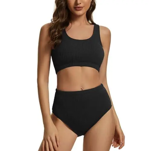 Produktbild: Dislsokrhov Damen Bikini Set Sexy Push Up Cross Back Zweiteiliger Badeanzug Ruched High Waist Print Bikini Set Bikini Damen Push up Tankini Zweiteiliger Badeanzug Schwarz, XXL