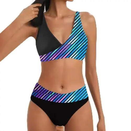 Produktbild: Dislsokrhov Damen Bikini Set Triangel Breites Unterbrustband Bademode Zweiteiliger Badeanzug Wickeloptik Lace Up Bikini Bademode V Ausschnitt Blumenmuster Swimsuit High Waist Beachwear Lila, M