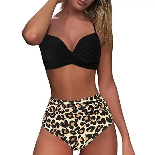 Produktbild: Dislsokrhov Damen Bikini Set Wickeloptik Lace Up Bikini Bademode，V Ausschnitt Blumenmuster Zweiteiliger Badeanzug Swimsuit Push Up Crossover Bikinioberteil Strandmode Zweiteiliger Badeanzug Khaki,XXL