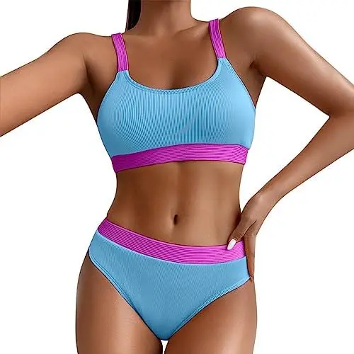 Produktbild: Dislsokrhov Damen Bikini Set Wickeloptik Lace Up Bikini Bademodet Blumenmuster Zweiteiliger Badeanzug Swimsuit Sport Bikini Damen ndbikini Badeanzug Swimsuit Bauchweg Blau, XL