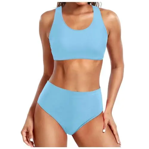 Produktbild: Dislsokrhov Damen Bikini Set mit Mesh Zweiteilig Badeanzug Push up Gepolstert High Cut Sport Bademode Hohe Taille Bikinis für Frauen Top Bikinis Bademode Badeanzug Swimsuits Light Blau, XL