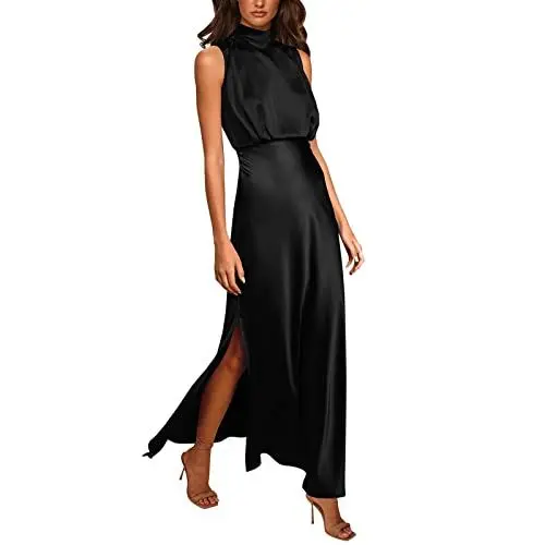 Produktbild: Dislsokrhov Damen Elegant Abendkleid Sexy Neckholder Spaghetti Brautkleid Rückenfrei Abschlusskleid Ballkleid Strandkleid Boho Tunika Damenkleider Mädchen für Cocktail Hochzeit Party Schwarz,L