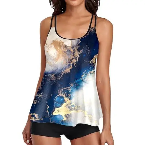 Produktbild: Dislsokrhov Damen Freizeit Tankini Badeanzug Zweiteiler Tankinis Set Tankinis FüR Damen Bauchweg Und Shorts GroßE GrößEn Strandmode Badekleid Sommer Badeanzug für Frauen Marine, L