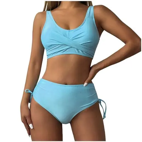 Produktbild: Dislsokrhov Bikini Damen Set Push Up Sexy Bauch Weg Badeanzug Zweiteiliger Bademode V Ausschnitt überkreuztes Einfarbig Bikini Bademode Amen Bikini Set High Waist Blumenmuster Bademode Side Blau, S