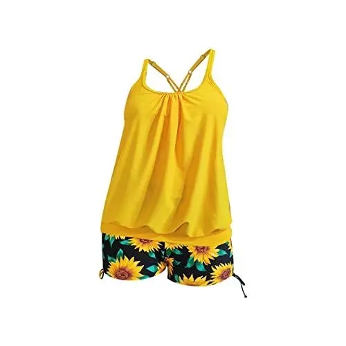 Produktbild: Dislsokrhov Damen Tankini Set Push Up Tankini Oberteil mit Dreieck Unterhosen Push up Damen Sport Tankini Set Zweiteiler Bademoden Bauchweg Tankini Set Tankini Oberteil Damen Gelb,XXL