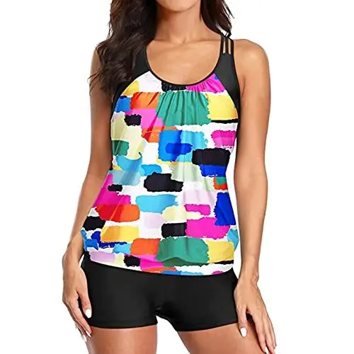 Produktbild: Dislsokrhov Oversize Damen Tankini Set Bauchweg Bademode Push up Badeanzug mit Badeshorts Raffungen high Waist Tankini Beachwear Hotpants Tankini Oberteil Baby Badeanzug Mädchen Schwarz,XXL