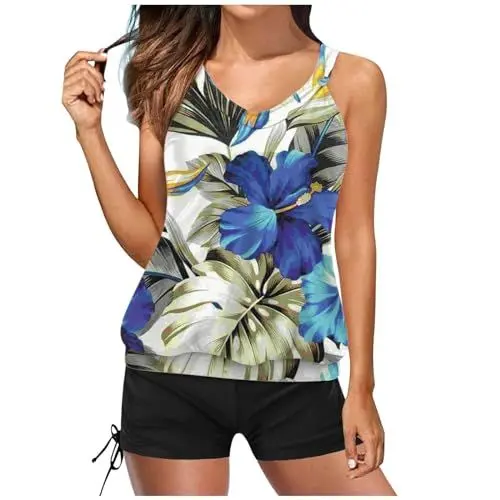Produktbild: Dislsokrhov Tankini Damen 3D Blumenmuster Bikini Bauchweg Bademode Set Zweiteiliger Badeanzug Push up Gepolstert Tankinis Oberteil mit Slip Elegant Badeanzüge Sommer Badeanzug für Frauen Blau, XL