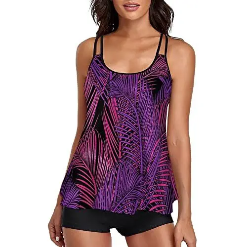 Produktbild: Dislsokrhov Tankini Damen Bauchweg, Badeanzug Zweiteiliger Push up Bademode Set Drucken Bikini Tank Top mit Hot Pants Einstellbarer Sommer Elegant Badeanzüge Sportlich Tankinis Große Größen Lila,M
