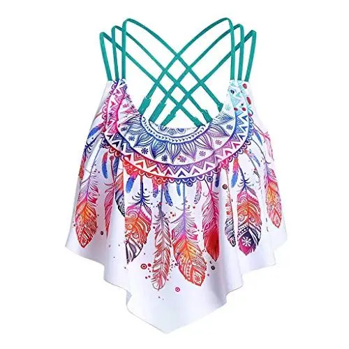 Produktbild: Dislsokrhov Tankini Damen Bauchweg, Bademode Set Push up Zweiteiliger Set Badeanzug Drucken Tankinis Oberteil mit Slip Sommer Elegant Badeanzüge Beachwear Sportlich Tankinis Große Größen Grün,XL