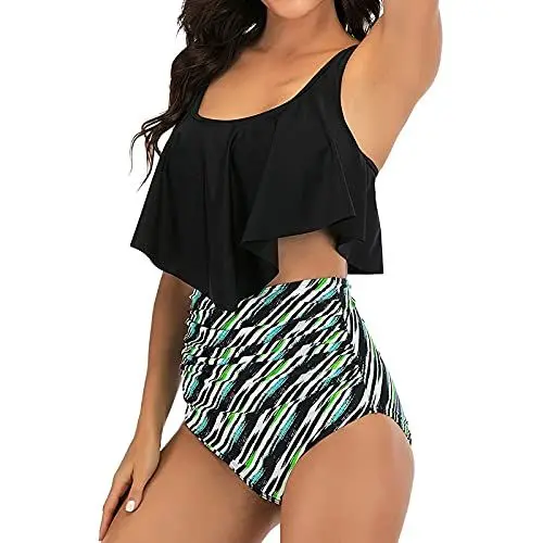 Produktbild: Dislsokrhov Tankini Damen Push Up Badeanzug Beachwear Tankini Set mit Hot Pants Sportlich Tankini Badeanzug Bauchweg Zweiteiliger Tankini Bikini Set mit Slip Bade Tankini Oberteil Schwarz,XXL