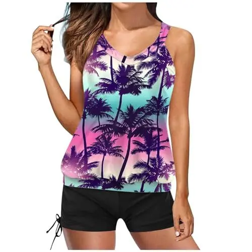 Produktbild: Dislsokrhov Tankini Damen Set Mit Hoher Taille, U-Ausschnitt, Zweiteiliger Badeanzug Strandmode Badekleid Sommer Badeanzug für Frauen Push Up Tankini Oberteil mit Badeshorts Lila, XL