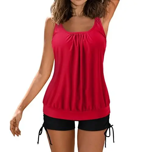 Produktbild: Dislsokrhov Tankini Damen Zweiteiler Bauchweg Sommer Bademode Set Freizeit Badeanzüge Oberteil Mit Badeshorts Strandkleid Strandmode Große Größen Tankini Damen Bauchweg Rot, XL