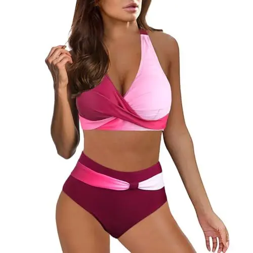 Produktbild: Dislsokrhov Bikini-Sets für Damen Zweiteiliger Badeanzug Crossover Ties-up Neckholder bikiniohose gedruckt high Waist Bikini String Tanga Set hohe Taille #01 Wein,S