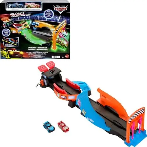 Produktbild: Mattel DISNEY Pixar Cars Spielset - 2 x Leuchtende Rennautos Starter und Überkreuz Neonrennstrecke, 2 Spielmöglichkeiten, Zielflagge, leuchtende Setteile, für Kinder ab 4 Jahren, HPD80