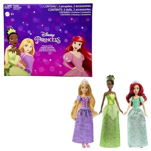 Produktbild: DISNEY Prinzessin 3er-Pack - Tiana, Rapunzel und Arielle mit Accessoires, abnehmbarem Diadem und Schuhe, lange Haare zum Kämmen und Stylen, für Kinder ab 3 Jahren, HLW45
