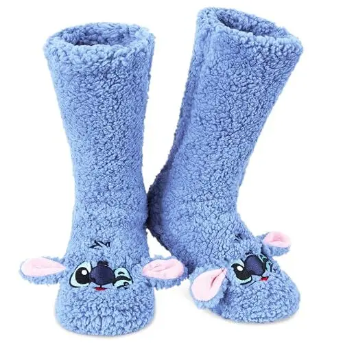 Produktbild: Disney Antirutschsocken Damen mit 3D-Ohren, One Size ABS Kuschelsocken Damen Antirutsch Haussocken Winter Frauen Geschenke (Blau Sherpa Stitch)
