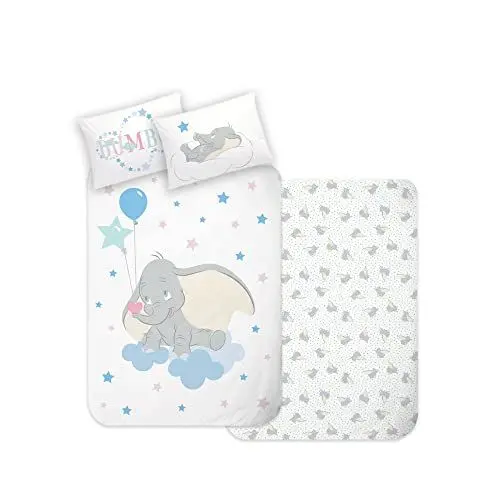 Produktbild: Disney Home Dumbo Babybettwäsche Set 100x135cm - Kopfkissenbezug 40x60cm - Wende Motiv - Kinderbettwäsche - Super weiche Renforce 100% Baumwolle, 2-teilig Dumbo, ÖkoTex Standard 100