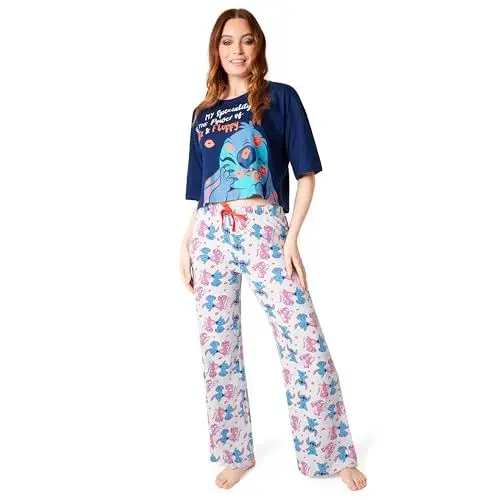 Produktbild: Disney Stitch Schlafanzug Damen, Pyjama Lang mit Crop Top, Schlafanzug für Frauen Teenagers - Geschenke für Sie (Marineblaue Nähte, L)