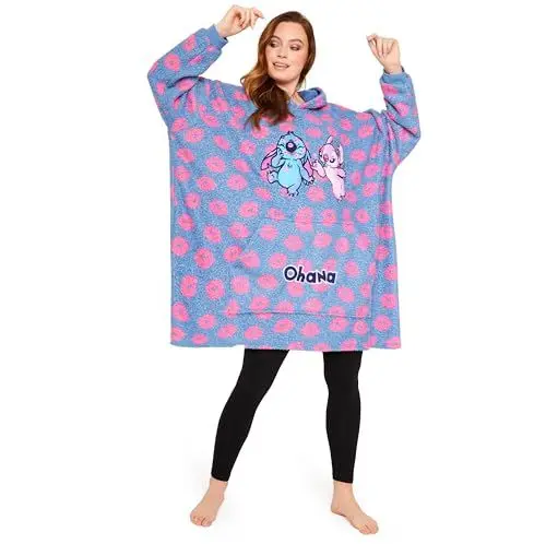 Produktbild: Disney Stitch Übergroße Hoodie Decke Damen Teenager, Fleece Oversized Kapuzenpullover mit Ärmeln One Size - Frauen Geschenke (Blau Stitch/Angel)