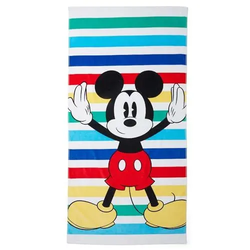 Produktbild: Disney Store Offizielles Micky Maus Strandtuch, 150 x 75cm, Buntes Weiches 100% Baumwolle Pooltuch, Streifenmuster Wickeltuch