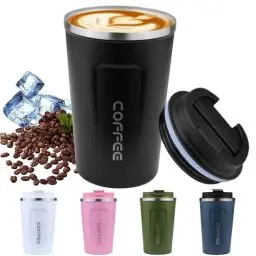 Produktbild: Disoza 380 ml Thermobecher Kaffee to go Kaffeebecher Termokaffeebecher Thermotasse Trinkbecher mit Deckel Thermobecher Travel Coffee Mug Kaffeebecher to go Thermo Becher mit Deckel (Schwarz)