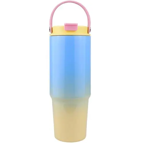 Produktbild: Disoza Thermobecher 30 oz Trinkbecher mit Deckel und Strohhalm Blau-Gelb Trinkflasche mit Strohhalm 900 ML Kaffeebecher To Go Coffee Becher mit Strohhalm Edelstahl Tumbler Cup Wasserflasche
