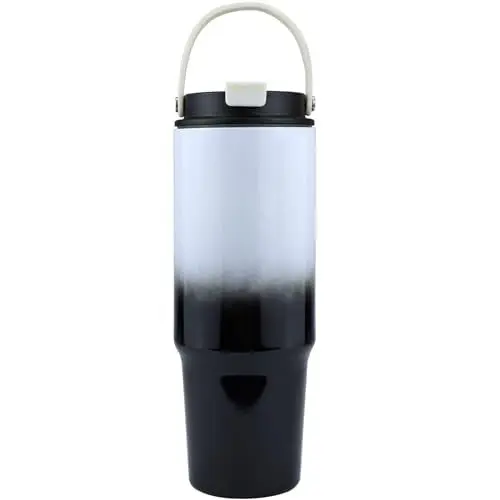 Produktbild: Disoza Thermobecher 30 oz Trinkbecher mit Deckel und Strohhalm Schwarz-Weiß Trinkflasche mit Strohhalm Edelstahl Tumbler Wasserflasche mit Henkel 900 ML Kaffeebecher To Go Coffee Becher mit Strohhalm