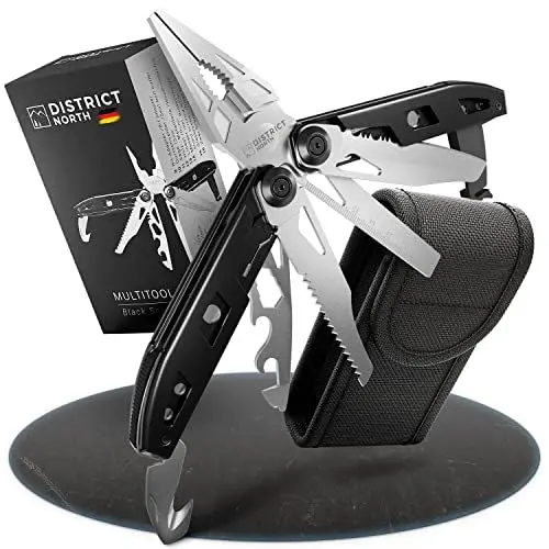 Produktbild: District North Multitool Black Series faltbares Multifunktionstool vollgepackt mit 16 Tools | Allround Multitool mit Klappmesser Outdoor Multifunktionswerkzeug Camping Survival