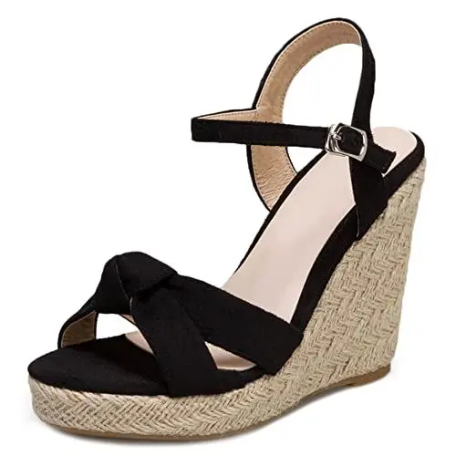 Produktbild: Diuniarza Damen Espadrille mit Absatz, Sandalen Offene Zeh Leisure Keilabsatz Party Schuhe mit Plateau Schnalle Knöchelriemchen, 14292Fdq Schwarz Gr 45 EU