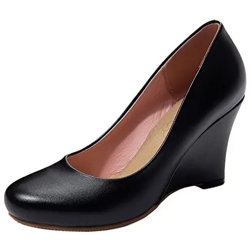Produktbild: Diuniarza Damen Keilabsatz-Pump Runde Zehen Elegante Pump Ohne Verschluss Kleiderschuhe mit Hohem Absatz, 606Noc Schwarz Gr 44 EU