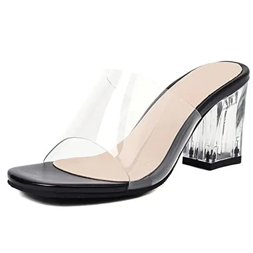 Produktbild: Diuniarza Damen Pantoletten mit Absatz, Sandalen Offene Zeh Leisure Blockabsatz Party Schuhe Ohne Verschluss Transparent, 13350Mcy Schwarz Gr 47 EU