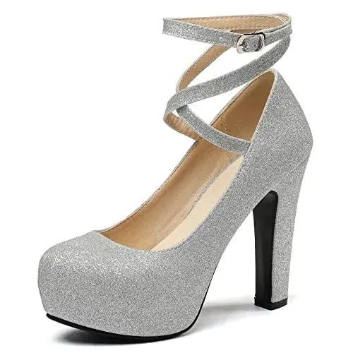 Produktbild: Diuniarza Damen Pump mit Blockabsatz Runde Zehen Modische Pump Schnalle Party-Schuhe mit Hohem Absatz mit Plateau Criss Cross Strap Glitzer, 13077Bnj Silber Gr 39 EU