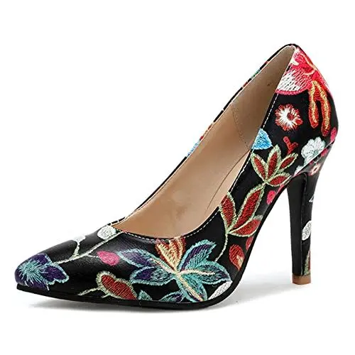 Produktbild: Diuniarza Damen Stiletto-Pump Pointed Toe Modische Pump Ohne Verschluss Party-Schuhe mit Hohem Absatz Blumes, 8276Utx Schwarz Gr 39 EU
