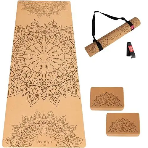 Produktbild: DIVASYA Premium Yogamatte Kork rutschfest: Starter-SET mit 2 Blöcken, Naturkautschuk rutschfest & Kork, großzügige Maße (183x66x0,4cm), Yoga Matte Kork rutschfest, Tragegurt, schadstofffrei