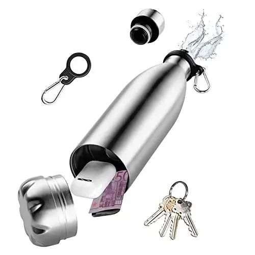 Produktbild: Diversion Wasserflasche aus Edelstahl mit Verstecktem Platz für Schlüssel, Geld, Bargeld, Kopfhörer, Schmuck, Metall Stash Can für Reisen, Strand, Zuhause, Büro, Hotel, Isoliert Auslaufsicher
