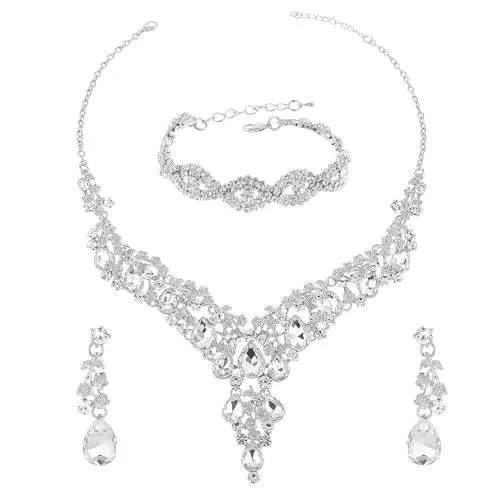 Produktbild: DIVINA VITAE Hochzeit Brautschmuck Set Silber Strass Hochzeitsschmuck Kristall Halskette Armband Anhänger Ohrring Set Braut Hochzeit Party Schmuckset Prom Kostüm Jewelry Set