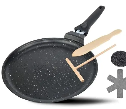 Produktbild: DIVORY Crepe Pfanne Induktion 28 cm, Pfannkuchenpfanne mit Teigverteiler & Holzschaufel, Omlettpfanne Induktion, flache beschichtete Pfannkuchen, Pizza Bratpfanne