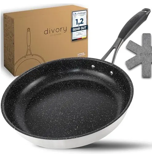 Produktbild: DIVORY Edelstahl Pfanne 24 cm Induktion I Antihaft beschichtete große Bratpfanne für alle Herdarten I Ergonomischer Griff, Spülmaschinen geeignet (24cm, Griff: Schwarz)