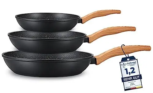 Produktbild: DIVORY Pfannenset 20, 24, 28cm Induktion Pfanne 3-teilig – Antihaft Beschichtete große Universalpfanne für alle Herdarten - Fester Griffe, Spülmaschinen geeignet (Griff: Helle Holzoptik)