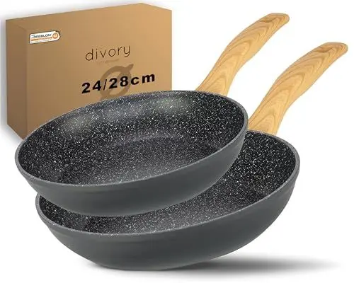 Produktbild: DIVORY Pfannenset 2-teilig Pfanne 24cm, 28cm Induktion – Antihaft Beschichtete große Universalpfanne für alle Herdarten - Sichere Griffe, Spülmaschinen geeignet (Griff: Helle Holzoptik)