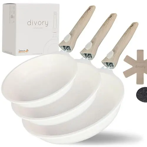 Produktbild: DIVORY Pfannenset 20, 24, 28 cm abnehmbarer Griff, Pfanne Beige induktion hoher Rand, Antihaftbeschichtete Bratpfanne, beschichtete Pfannen hoch, Induktionspfanne - non stick Frying Pan set