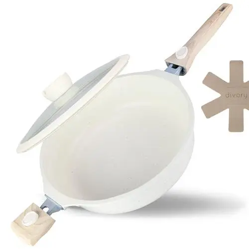 Produktbild: DIVORY Schmorpfanne 28cm Induktion, Servierpfanne mit Deckel 4,2l – Abnehmbarer Griff, beschichteter Kochtopf backofenfest, Aluminium Schmortopf hoher Rand