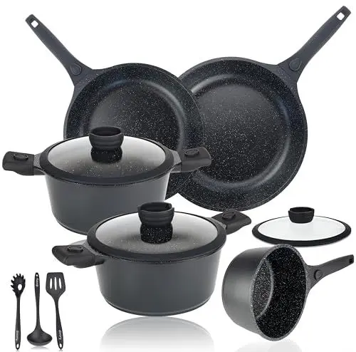 Produktbild: DIVORY Induktion Topfset - 14-teiliges Kochgeschirr-Set mit Deckel, beschichteten Töpfen und Pfannen mit abnehmbarem Griff, inklusive Kochgeschirr und Geschenkbox