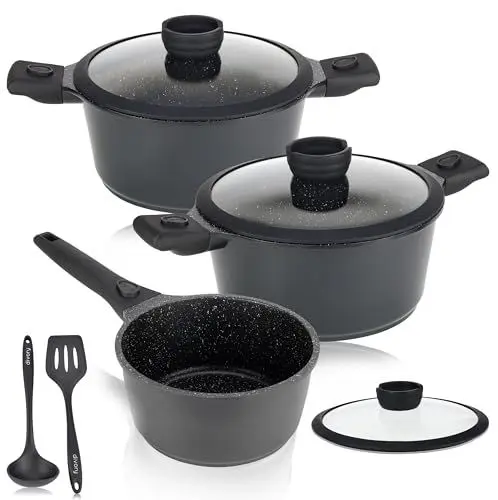 Produktbild: DIVORY Topfset - 8-tlg abnehmbare Griffe - Stielkasserolle 18cm, Kochtopf 20cm, Topf 24cm mit Deckel, Induktion Kochtöpfe, beschichtete Töpfe, Spülmaschinenfest & Backofenfest