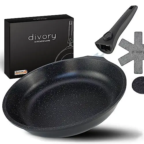 Produktbild: DIVORY große Pfanne 28cm I Abnehmbarer Griff, Induktion, beschichtet, Aluminium – Bratpfanne groß + Pfannenschoner - Induktionspfanne