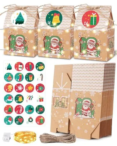 Produktbild: DIY Adventskalender zum Selber Befüllen Kinder : Bonus LED Adventskalender Tüten zum Befüllen Groß, Weihnachtskalender zum Befüllen Adventskalender Häuschen Adventskalender zum Befüllen Kinder