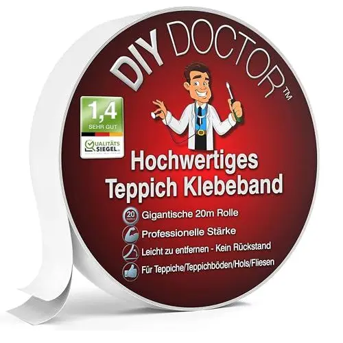 Produktbild: DIY Doctor Doppelseitiges Teppichband – 21mm x 20m – Extra Starkes Klebeband für Zuhause & Beruf