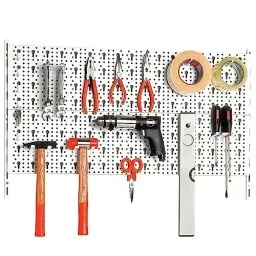 Produktbild: DIY Element System HEIMWERKER ORGANIZER 1 – Metall-Werkzeugwand mit verschiedenen Halterungen, ideal für Heimwerkstatt – 2 Stahl-Lochplatten 800 x 200 mm, weiß