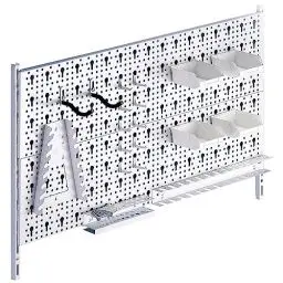 Produktbild: DIY Element System HEIMWERKER ORGANIZER 2 – Metall-Werkzeugwand mit verschiedenen Halterungen, ideal für Heimwerkstatt – 2 Stahl-Lochplatten 800 x 200 mm, weiß